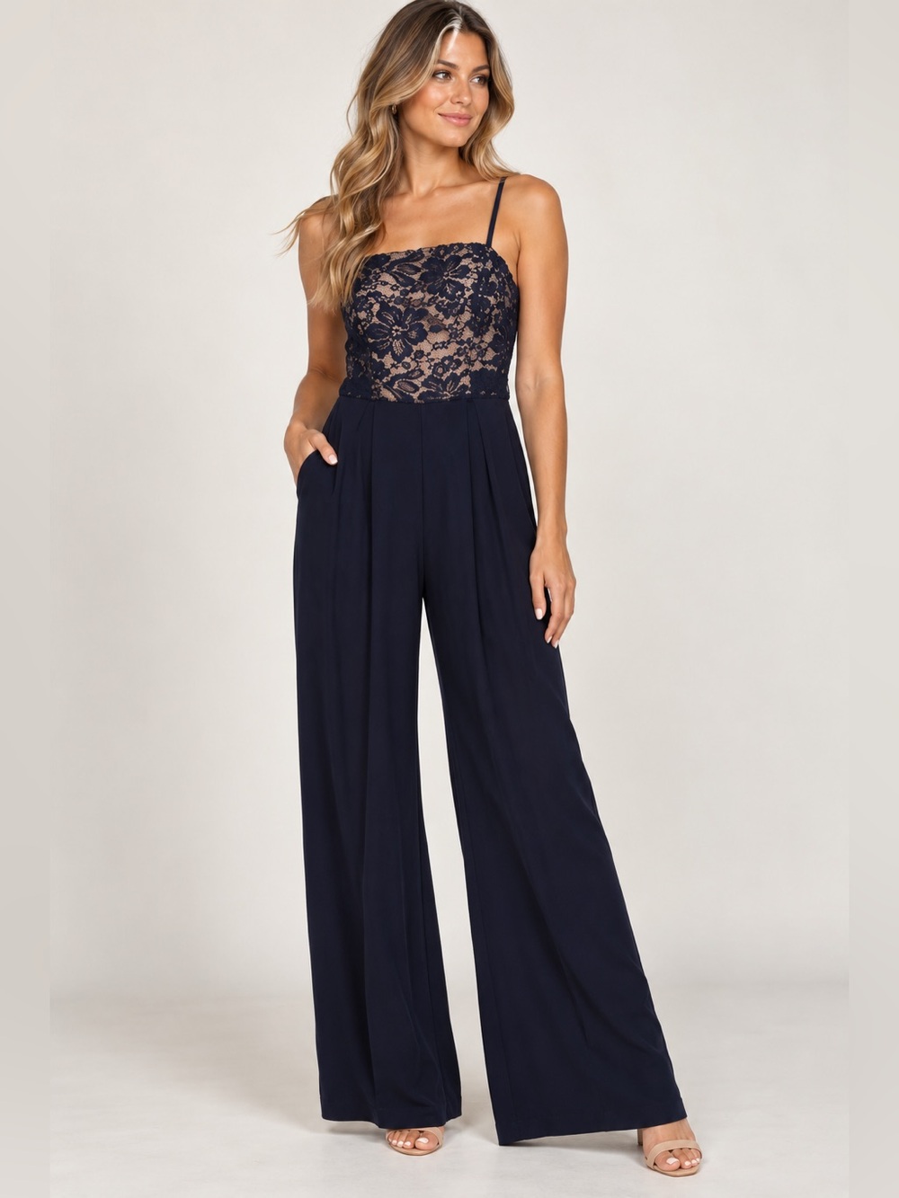 TEEZE ME Navy Cami Lace Top Wide Leg Jumpsuit